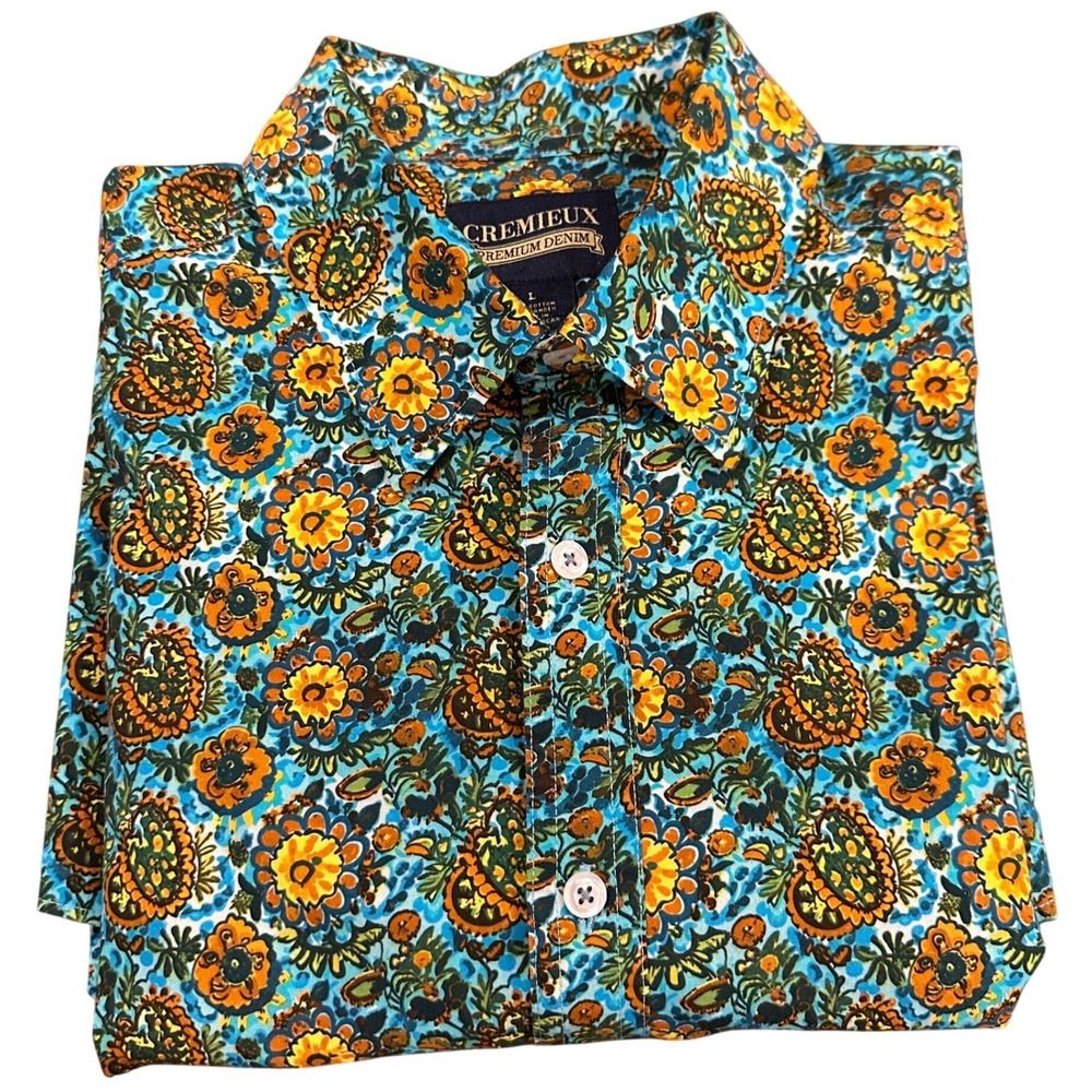 Cremieux Premium Denim Mens L Floral Medallion Short Sleeve Button Down Shirt